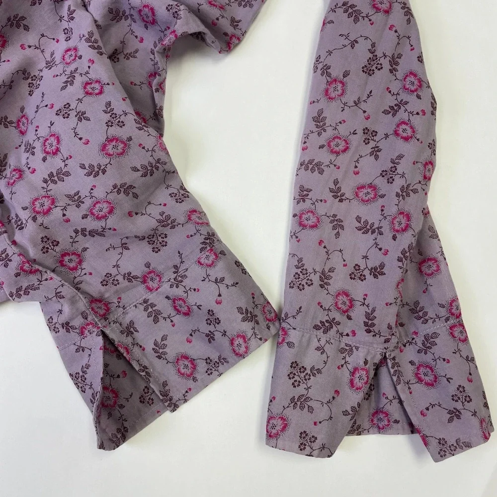 The Limited Purple Floral Cotton Button Down Shirt L Roll Tab Sleeve Hippie